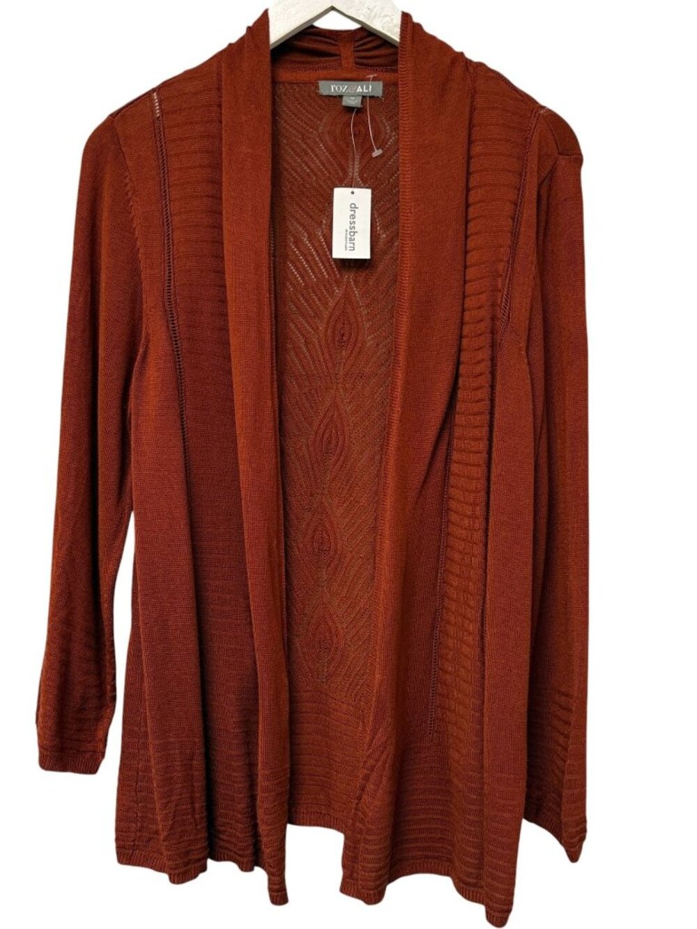 Roz & Ali Open Front Rust Cardigan Sweater Medium Rayon Light Knit Pointelle NWT